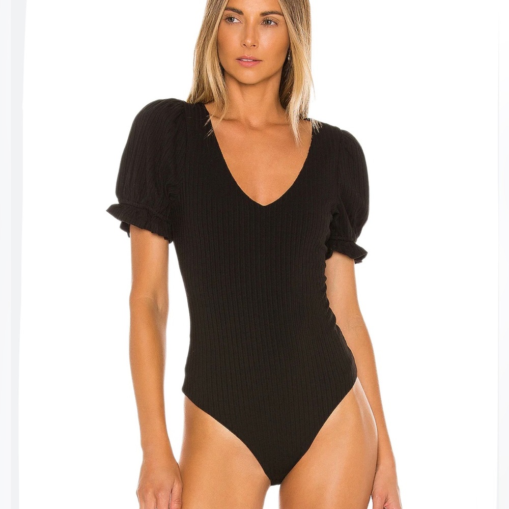 Tularosa Black Quinn Puff Sleeve V Neck Bodysuit